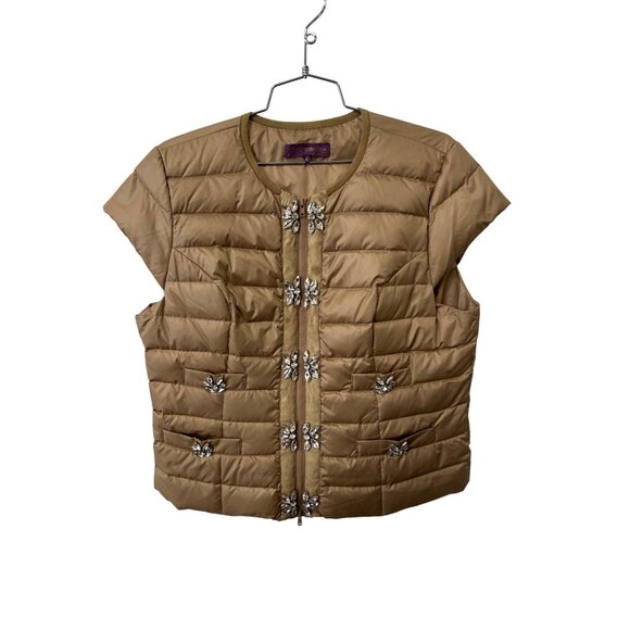 Glamourpuss Down Puffer Vest Size Large Brown Lightweight Rhinestone Embellished - Picture 1 of 6